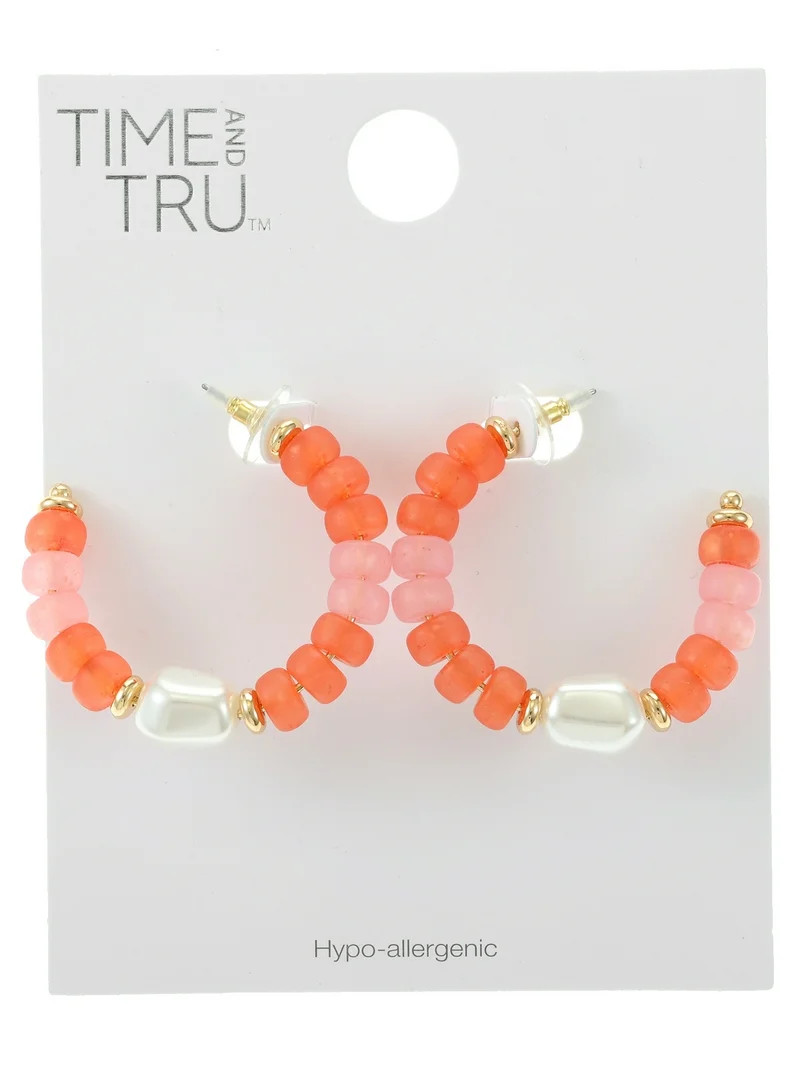 Time and Tru Beaded Hoop Earring, Pink, Coral and Simulated Pearl, 1 Pair | Walmart (US)
