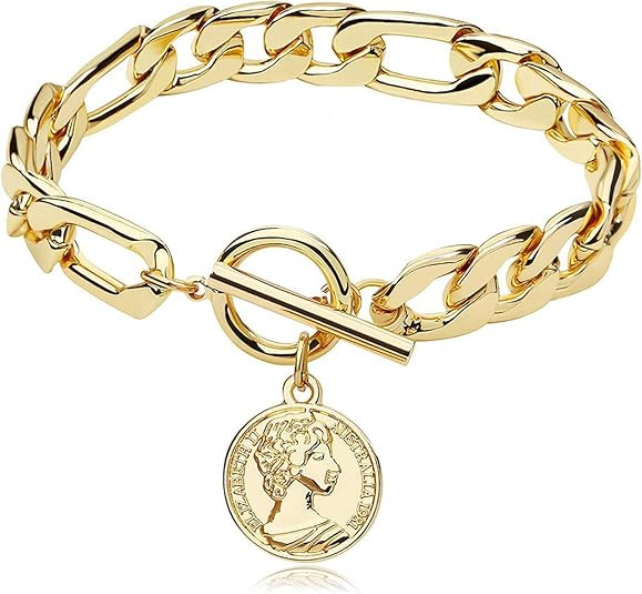 WOWORAMA Gold Cuban Link Bracelet for Women Men Unisex Thick Chunky Chain Bracelet with Coin Char... | Amazon (US)