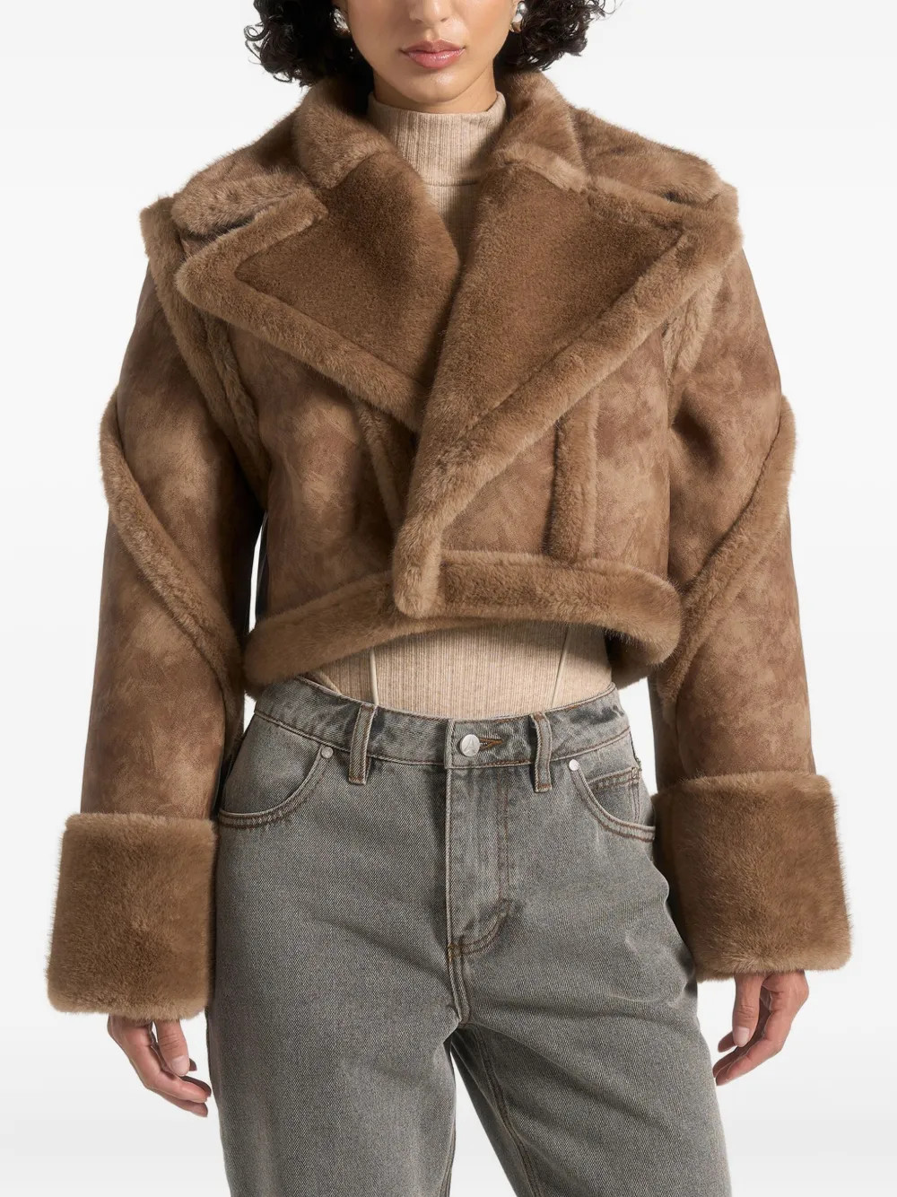 Manière De Voir Kena suede-effect & Plush detachable-sleeves Taupe Jacket | Neutrals | FARFETCH | Farfetch Global