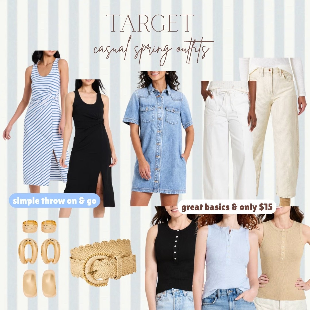 Target casual spring outfits that make getting dressed so easy 🙌✨ Striped side tie midi, black side slit midi, denim shirt dress, white wide-leg jeans, cream ribbed pants, $15 ribbed henley tanks in three colors, gold earrings, and a raffia waist belt — every piece is a wardrobe builder for spring. All linked and ready to shop! 

#LTKootd #LTKTall #LTKSeasonal