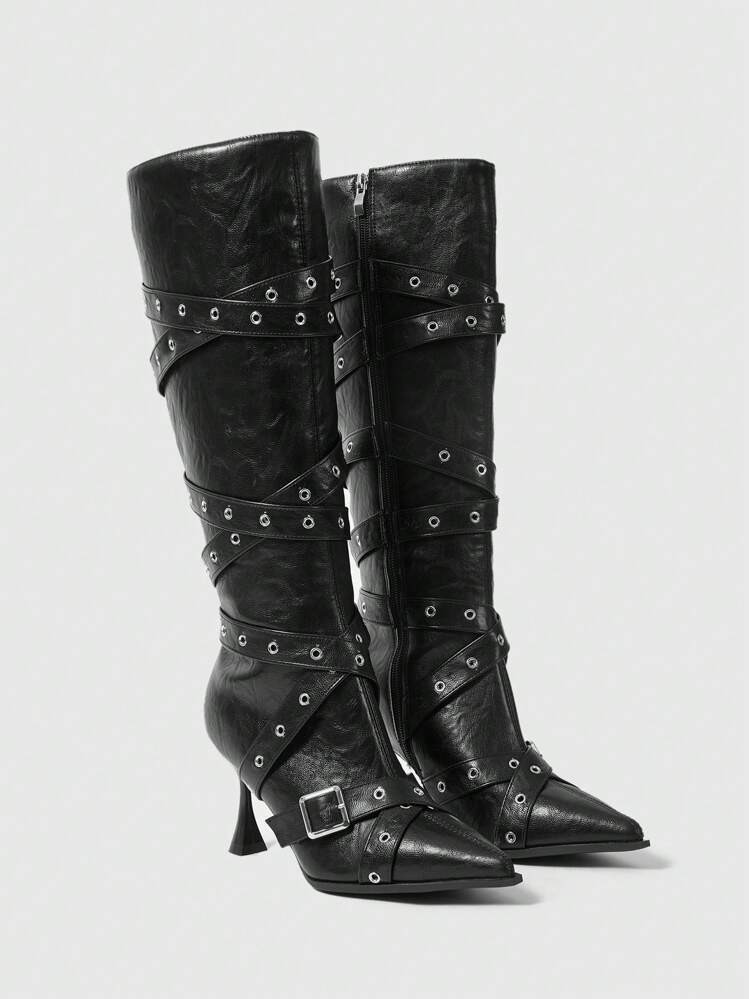 ROMWE Grunge Punk Women Gothic Style Buckle Strap Pointed Toe Mid-Calf High Heel Boots New Year Holiday Valentines Valentine's Day Spring Shoes Prom Heels, Halloween | SHEIN