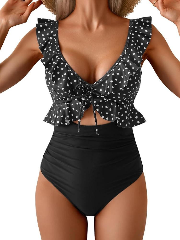 Eomenie One Piece Swimsuit for Women Tummy Control Ruffle Bathing Suit V Neck Ruched Swim Suit Sl... | Amazon (US)