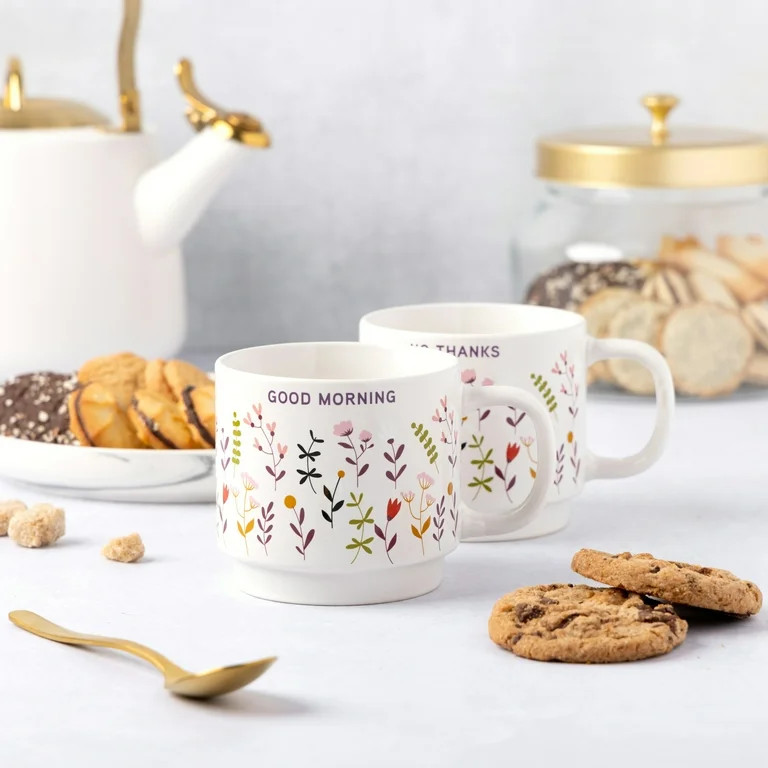 Thyme & Table 2 Pack Stacking Good Morning and No Thanks with Flowers Cream Mugs 14.2 fl oz, Ston... | Walmart (US)