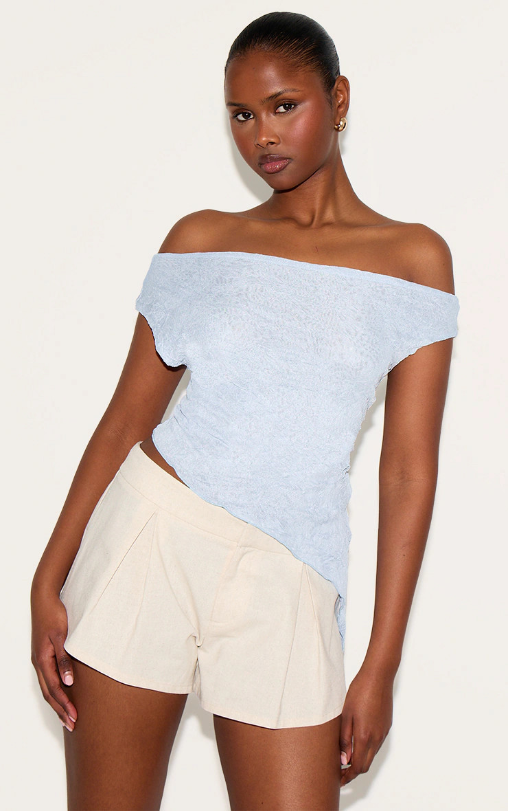 Sky Blue Crinkle Mesh Asymmetric Neck Top | PrettyLittleThing US