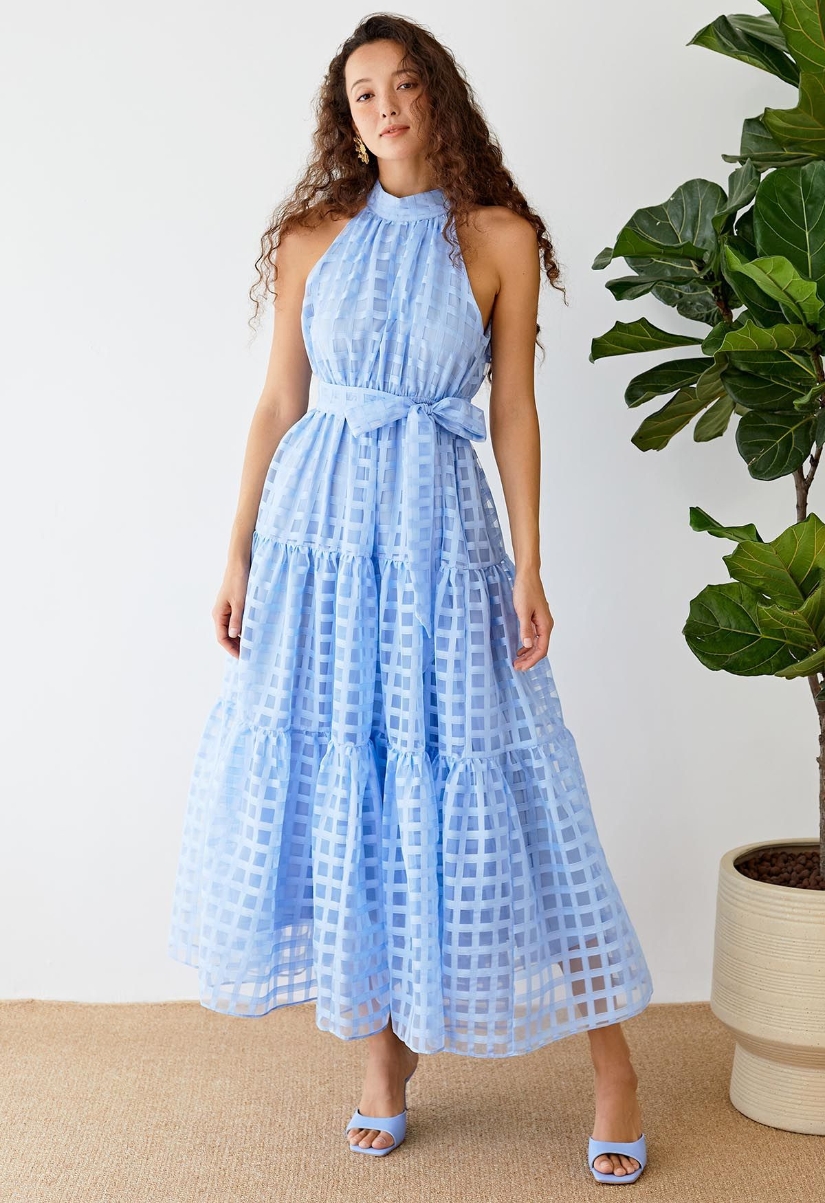 Check Halter Neck Tie Waist Maxi Dress in Blue | Chicwish