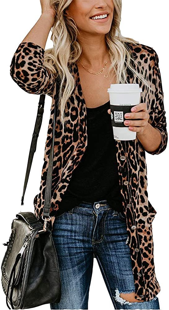Women Lightweight Cardigan Leopard Printed Button Down Cardigans Shirt W Pockets(S-2XL | Amazon (US)