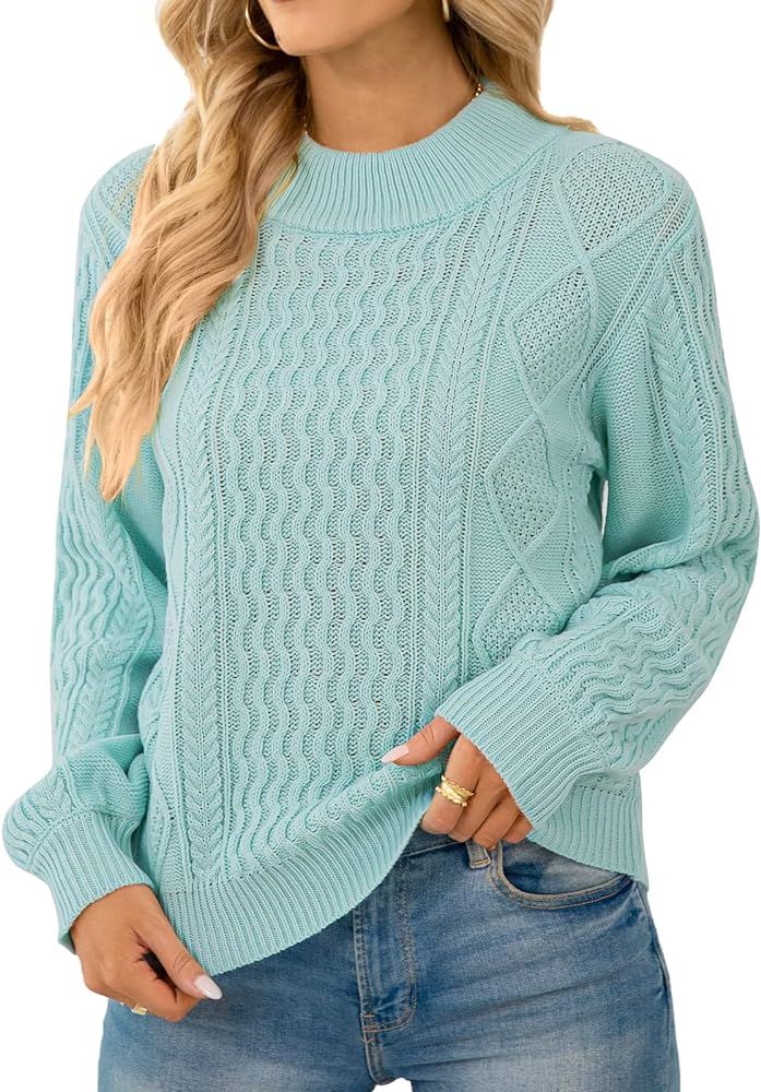 QUALFORT Women's Lantern Sleeve Sweater Oversized Cable Knit Pullover Sweater | Amazon (US)