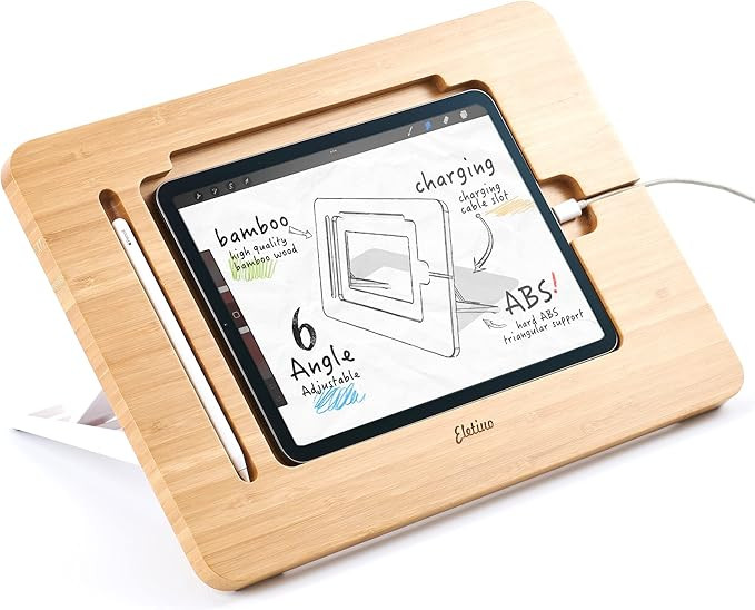 ELETIUO Upgraded Bamboo Wooden Drawing Ipad Holder with Pencil&Charger Cable Slot, Multi-Angle Ad... | Amazon (US)