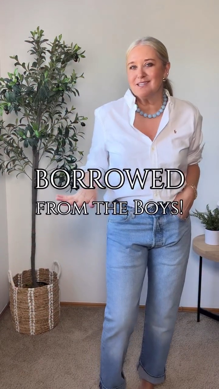 Borrowed from the BOYS💙 

Comment SHOP for links!

I love more masculine pieces topped off with feminine shoes and accessories! 

Here are a few tips when buying and styling these pieces: 

1. When buying men’s Levi’s I like to size up 3 sizes for that perfect slouchy “lived in” look! I do this with new and vintage jeans! 

2.  To save $ on Ralph Lauren shirts I like to shop the boys section!  This shirt is a boys XL!  I also LOVE thrifting RL shirts in the mens section! 

3.  Adding jewelry, a bag and a feminine shoe are what bring the outfit together! 

Over 50, over 50 style, borrowed from the boys, masculine, feminine touch, what to wear, spring style, jeans outfit,