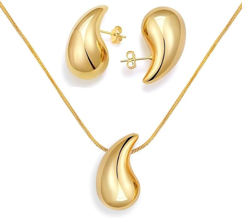 Teardrop Chunky Earrings for Women， Gold Trendy Drop Necklace Hoop Earring Set Earring Dupes, G... | Amazon (US)