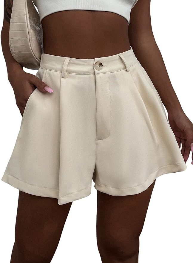 Floerns Women's Solid High Waisted Wide Leg Casual Pleated Shorts with Pocket | Amazon (US)