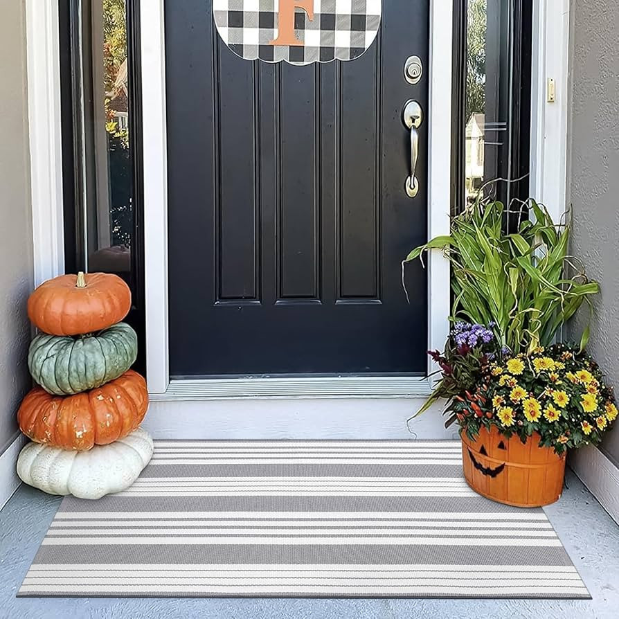 OJIA Fall Front Door Rug 24''x51'' Gray and White Striped Outdoor Rug Machine Washable Porch Rug ... | Amazon (US)