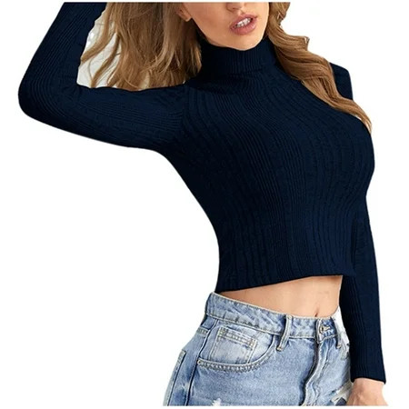 Larisalt Sweaters For Women Trendy Womens V Neck Waffle Knit Cropped Top Long Sleeve Pullover Crop S | Walmart (US)