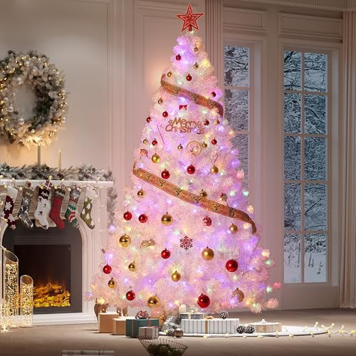 GarveeHome 7.5 ft Prelit Artificial Christmas Tree with 450 Warm White Lights, Pre-Lit Snow Flocked Pencil Christmas Tree, Foldable Base,Holiday Decoration for Home, Office, Party,Laser White | Amazon (US)