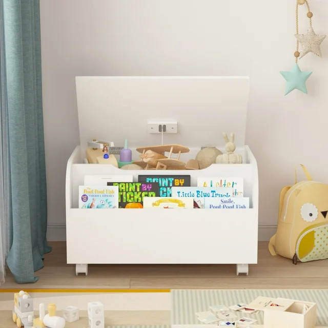 PORKISS Toy Box for Boys Girls, Wooden Kids Toy Storage Organizer with Front Bookshelf, Flip-Top ... | Walmart (US)