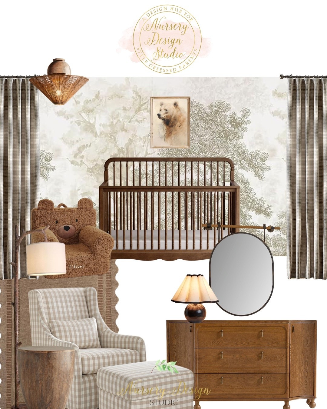 Cozy, nature-inspired nursery with warm wood tones, soft green accents, and layered textures 
Sharing the crib, glider, dresser, lighting, and decor that bring this calm, timeless space together—everything is linked to shop.

#LTKBaby #LTKHome #LTKBump