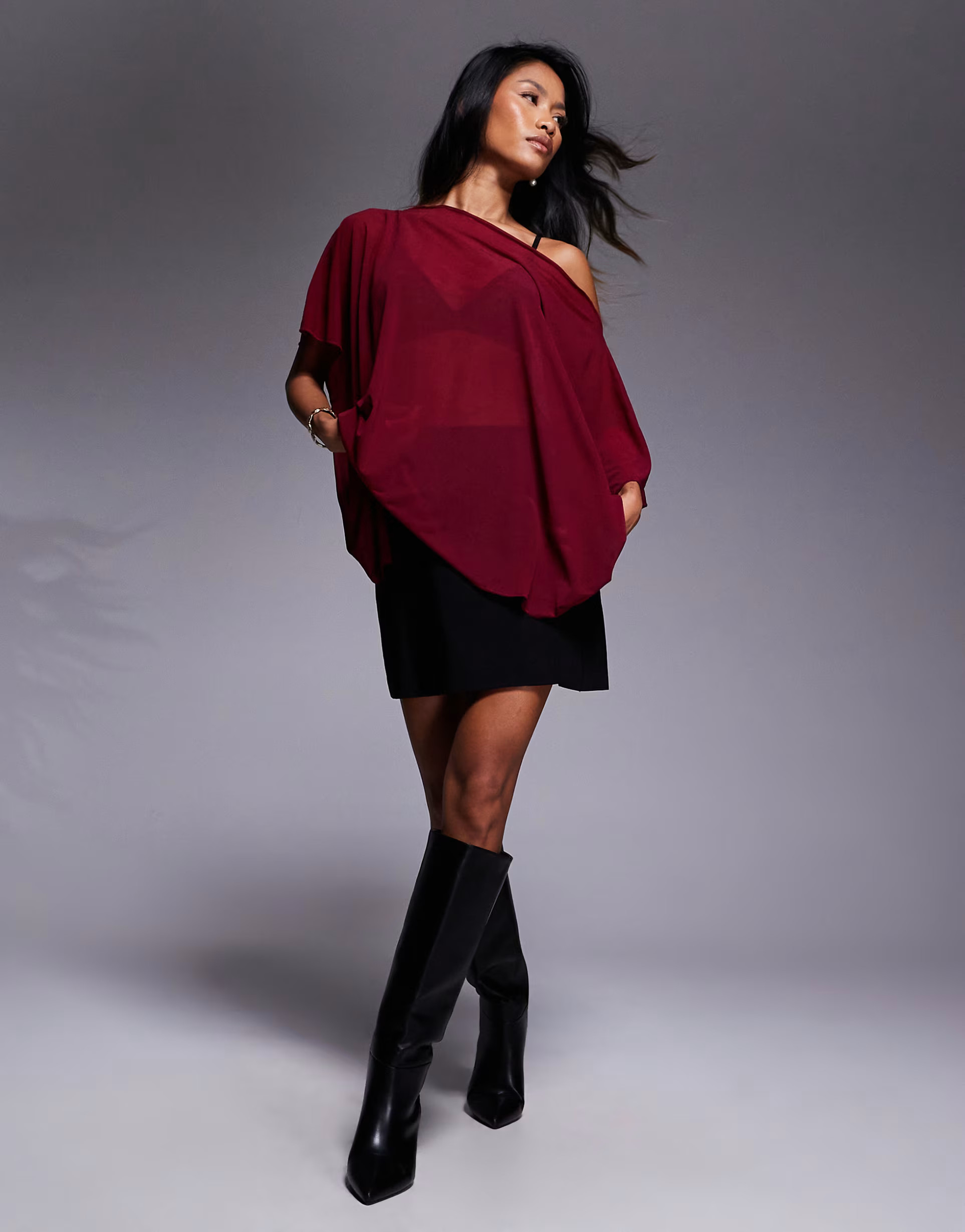 ASOS DESIGN mesh sheer slouchy longline off shoulder cape top in burgundy | ASOS | ASOS (Global)