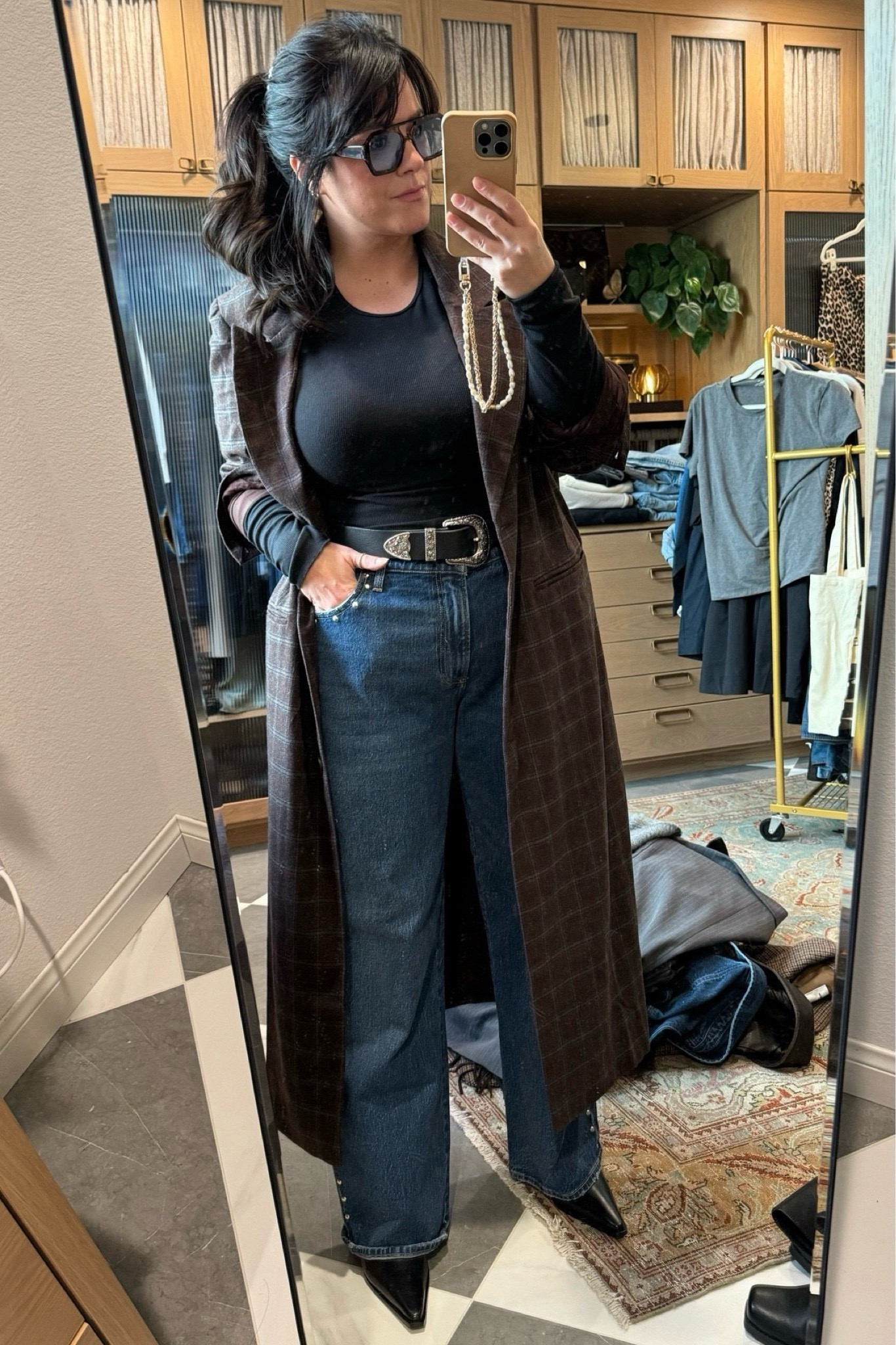 Midsize fall outfit Duster coat xl Studded jeans sized up to a 33 for a loose fit - regular length Western belt xl Pointed toe bootie Amazon sunglasses

#LTKStyleTip #LTKSeasonal #LTKMidsize