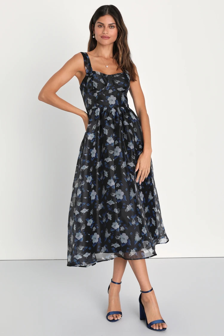 Delightful Look Black Floral Print Bustier Midi Skater Dress | Lulus (US)