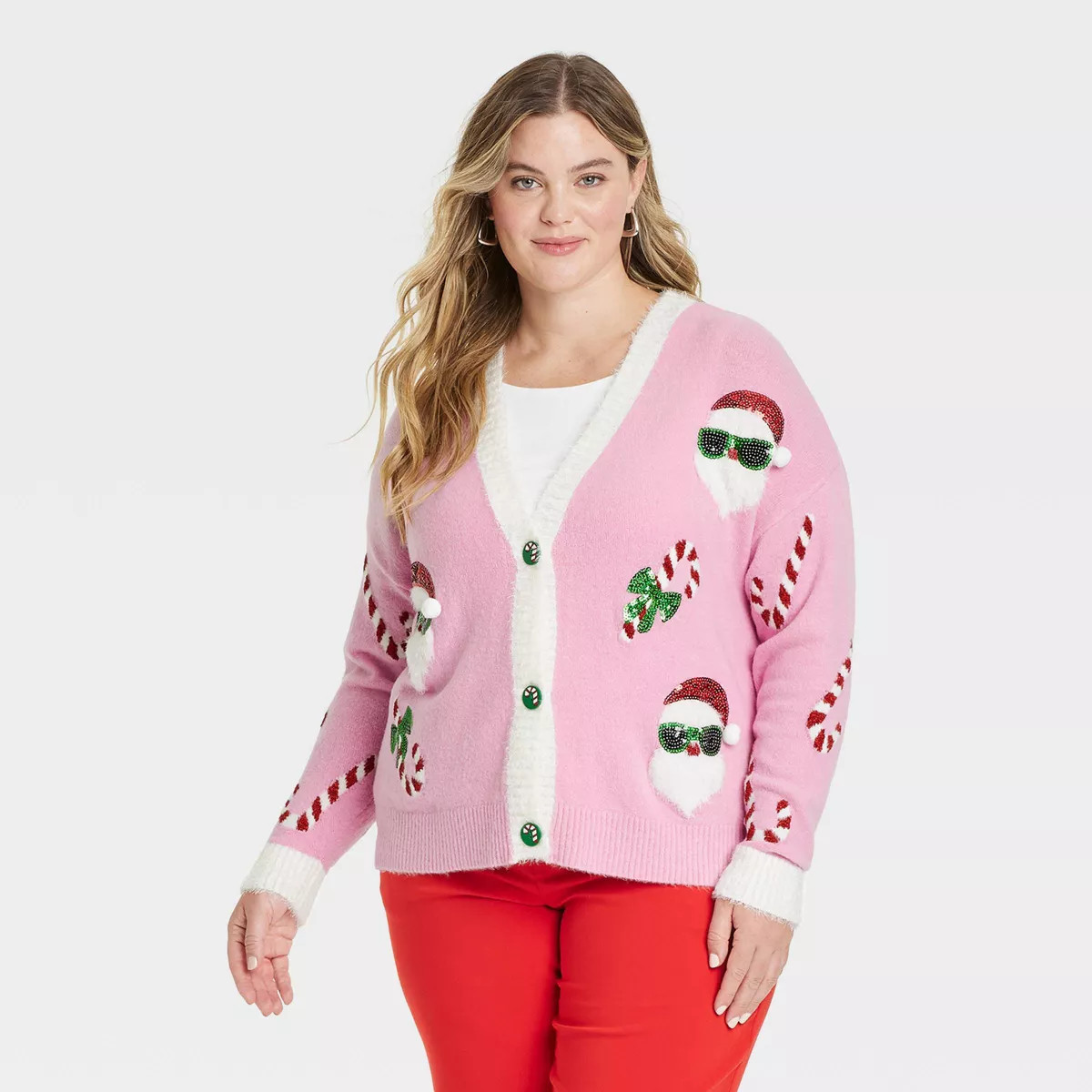 Women's Santa Print Christmas Festive Graphic Cardigan - Pink 1X | Target