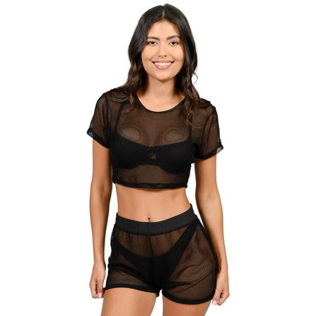 Womens Mesh Cover Up See Through Fishnet Bikini Cover Up Swimwear Sport Crop Top Black Size: XL | Walmart (US)