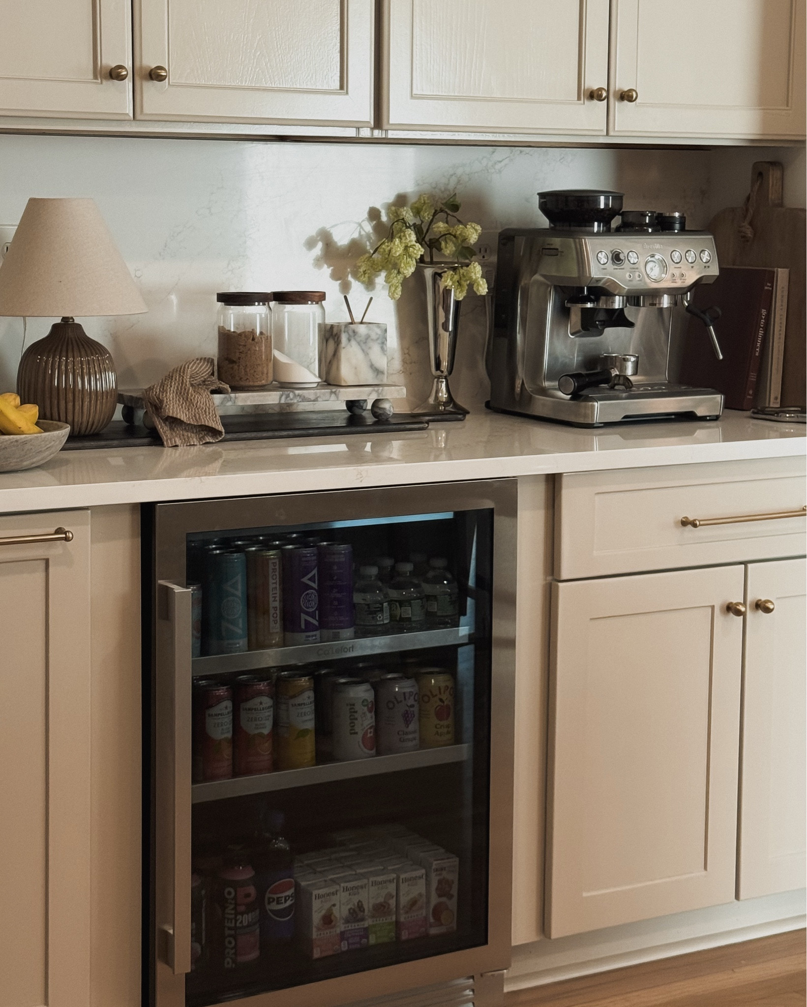 Coffee bar decor, espresso bar, Breville espresso machine, mini fridge, kitchen decor, kitchen counter decor, kitchen counter lamp, table lamp, spring decor

#LTKHome