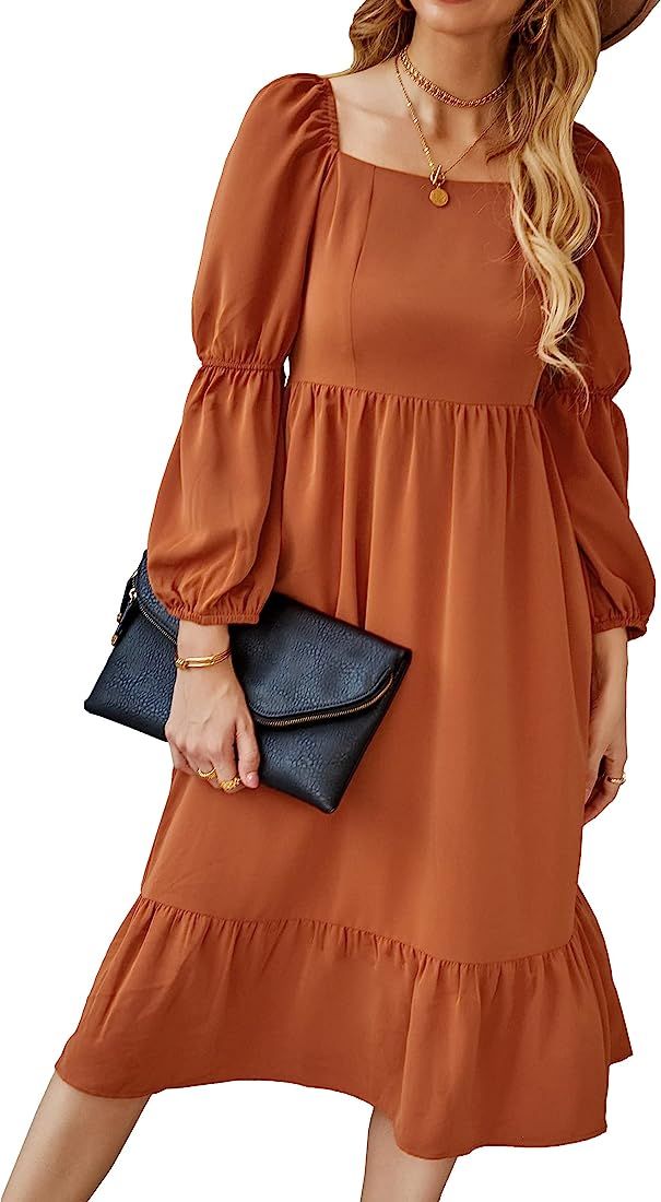 AOVDE Women's Square Neck 3/4 Sleeve Dress Solid Color High Waist Fall Dress Casual Party Flowy M... | Amazon (US)
