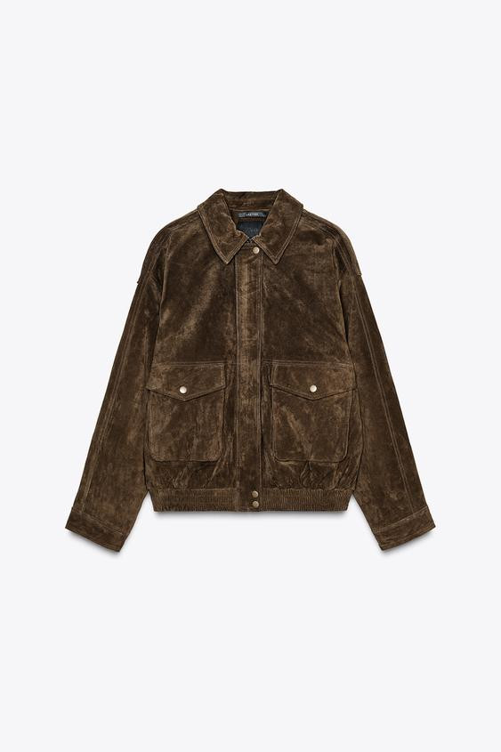 100% SUEDE LEATHER BOMBER JACKET WITH POCKETS | Zara US