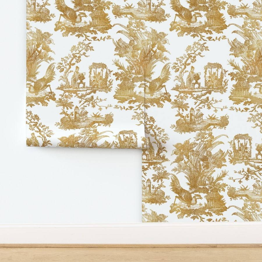 Chinoiserie Toile ~ Gilt on White  | Spoonflower