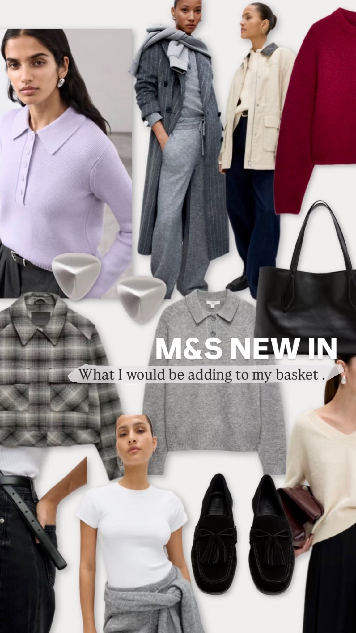 Marks & Spencer new in winter capsule wardrobe essentials 🤍

M&S black barrel leg jeans - polo knit jumper - black leather tote bag - black suede loafers - lilac and grey - cream barn jacket - herringbone jacket - winter jackets - minimal style - statement jewellery - leather gloves - 2026 fashion  - pinstripe coat - red jumper - v neck sweater #marksandspencer #newin #capsulewardrobe 

#LTKwinter #LTKjeans #LTKuk