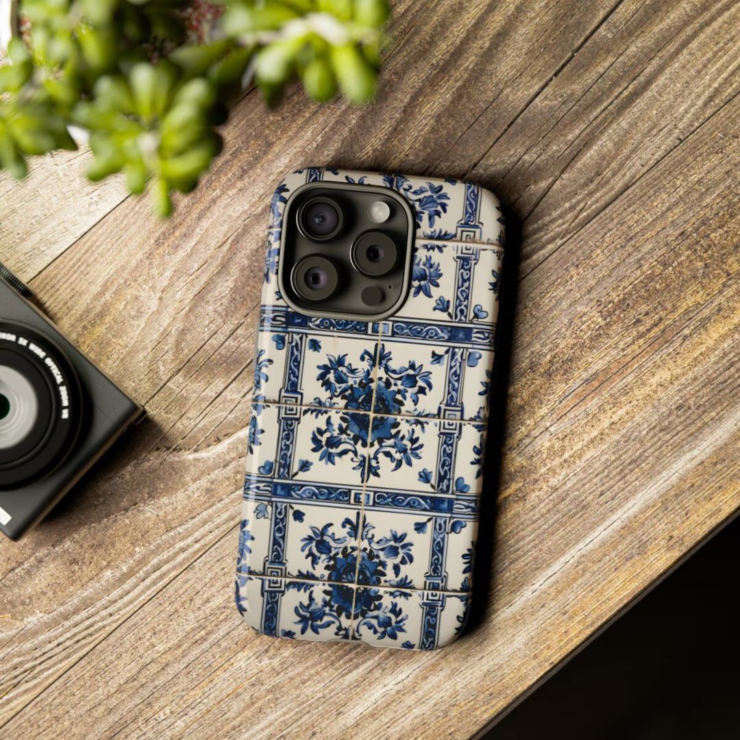 Phone Tough Case in Azulejo Porcelain Blue Tile Mediterranean Design available for Latest Iphones... | Etsy (US)