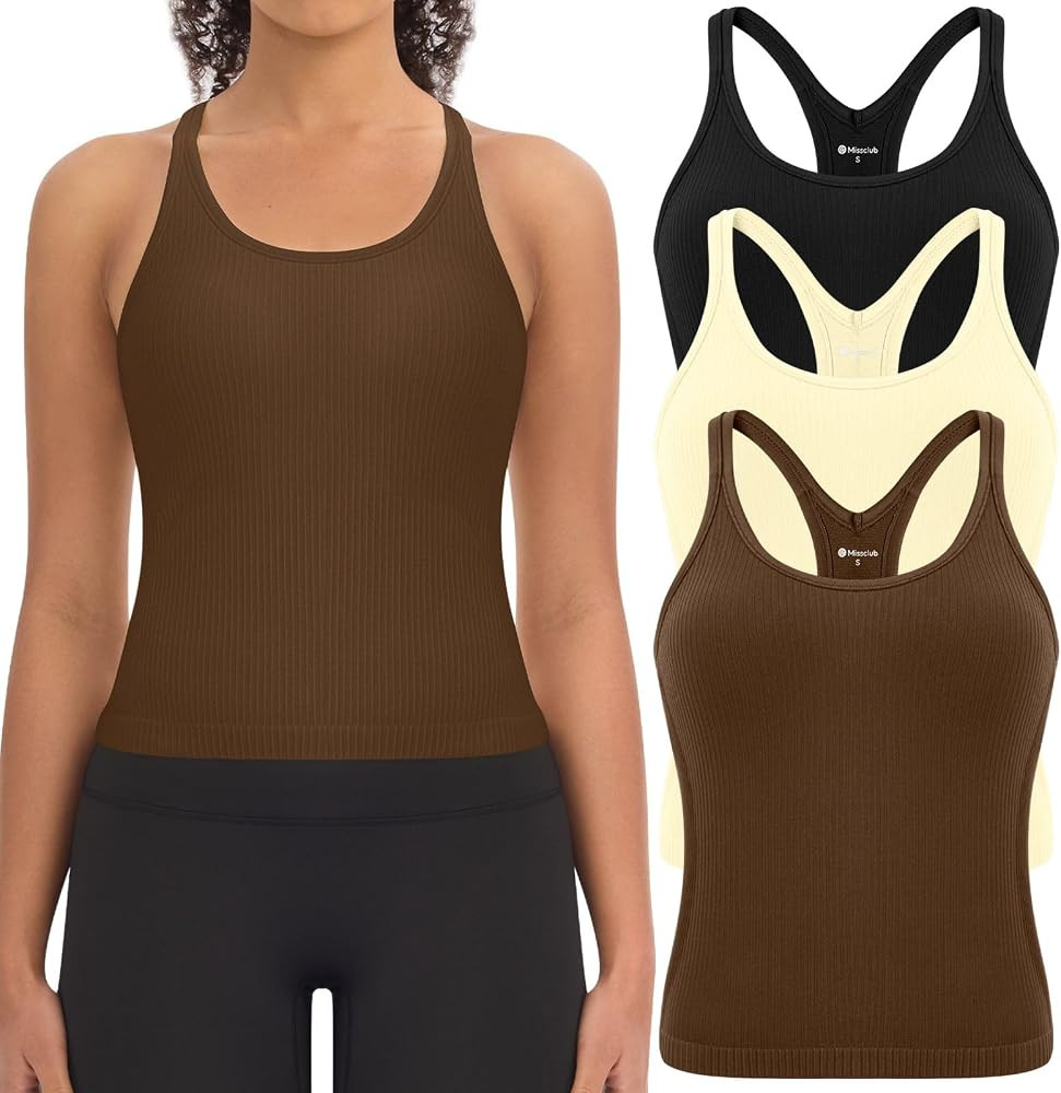 3 Pack Ribbed Workout Crop Tank Tops with Built in Bra for Women Seamless Racerback Cropped Athle... | Amazon (US)