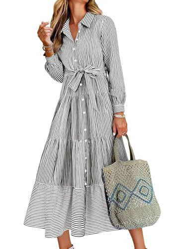 ebossy Women's Boho Striped Shirt Dress Long Sleeve Button Down Casual Loose Tiered Ruffles Flowy A Line Belted Dress (S, Black) | Amazon (US)