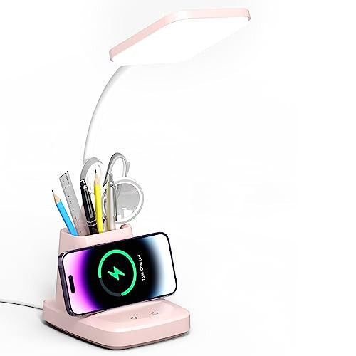 Vicsoon Desk Lamps for Home Office, LED Desk Lamp with Wireless Charger Pencil Holder, 3 Color Modes Dimming Desk Light for College Dorm Room, Girls Study Lamp with CRI 90+ 800 Lumen - Pink | Amazon (US)