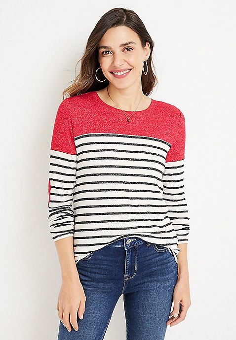 Striped Heart Elbow Patch Crew Neck Tee | Maurices