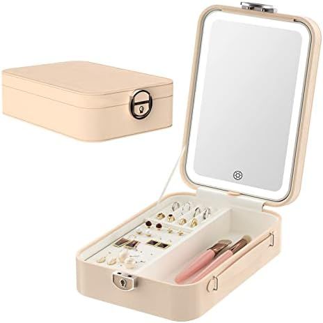 Lighted Makeup Vanity Mirror with Jewelry Storage Case,3 Color Lights,Touch Sensor,Rechargeable LED  | Amazon (US)