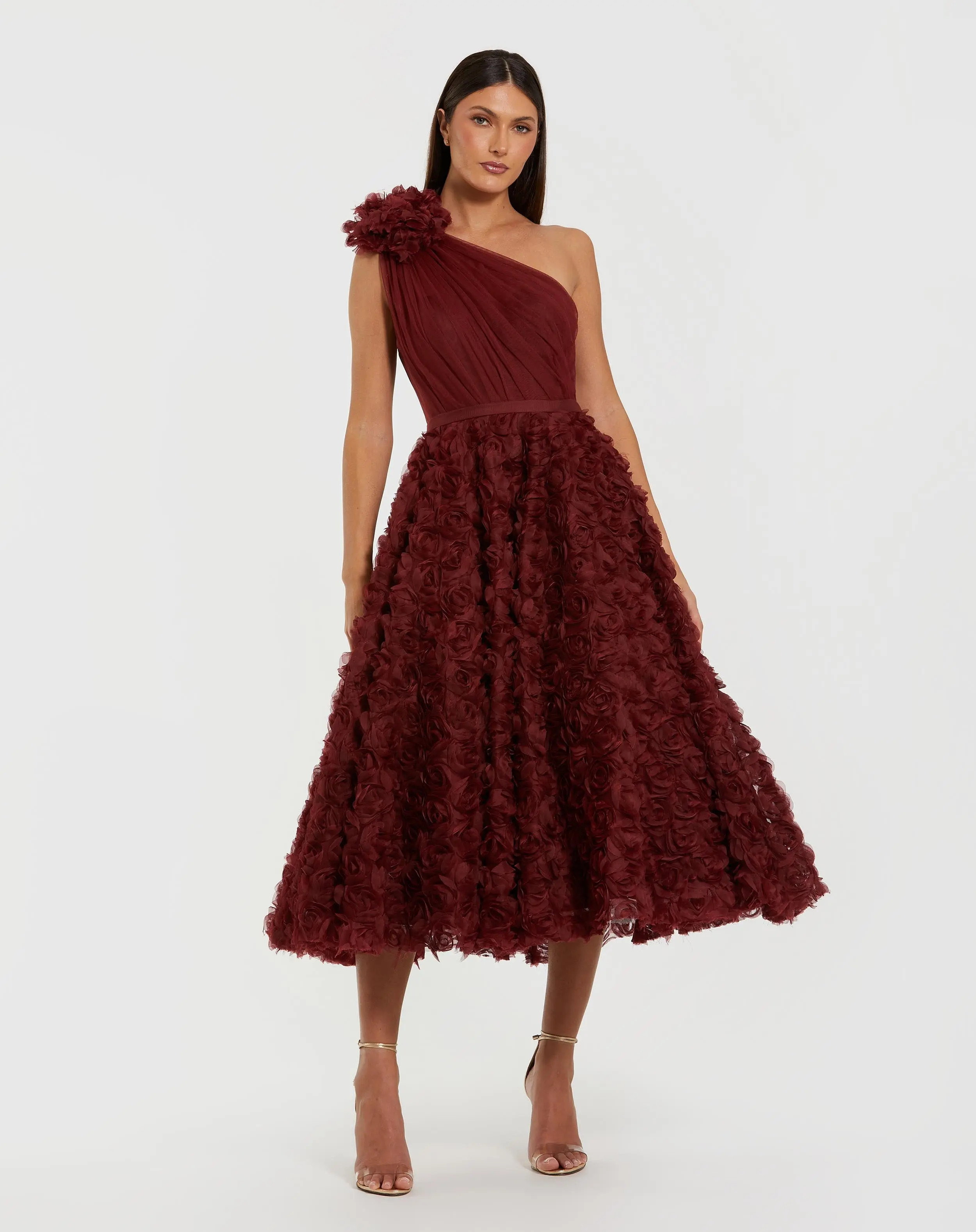 Red One Shoulder 3D Floral Rosette Midi Dress | Mac Duggal | Mac Duggal