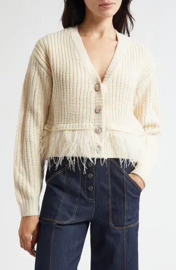 Cinq à Sept Krissi Embellished Button Feather Trim Cardigan in Gardenia at Nordstrom Rack, Size X-Small | Nordstrom Rack