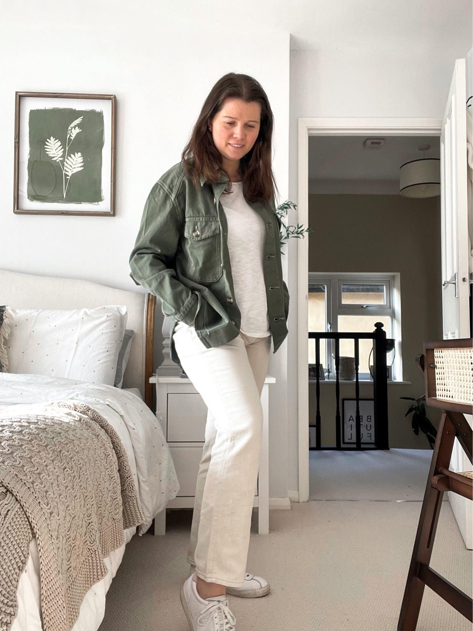 Khaki green utility jacket, or oversized shacket. White denim mon jeans with a high waist. White trainers and a white t shirt. Works well for a casual outfit for the transitional season 

#LTKeurope #LTKSeasonal #LTKunder50