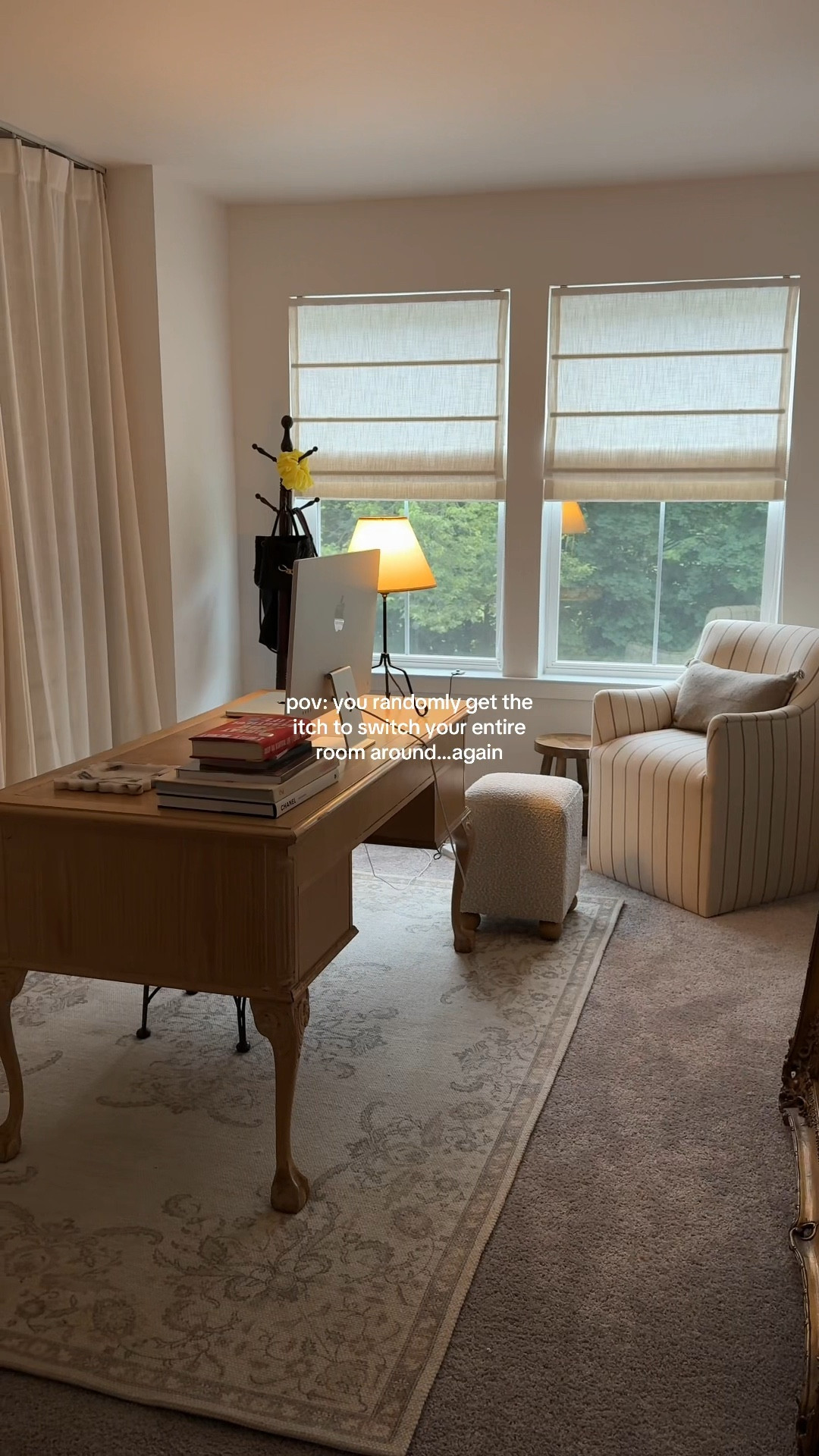 6/15/25 at home office/get ready room 🫶🏼 rugs usa area rug, wayfair striped chair, corner accent chair, home office decor, cozy reading nook, room rearrange, neutral home style, modern vintage blend, small room makeover, feminine home vibes