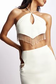 Jayleen Keyhole Triangle Halter Top With Fringe - White | MESHKI US