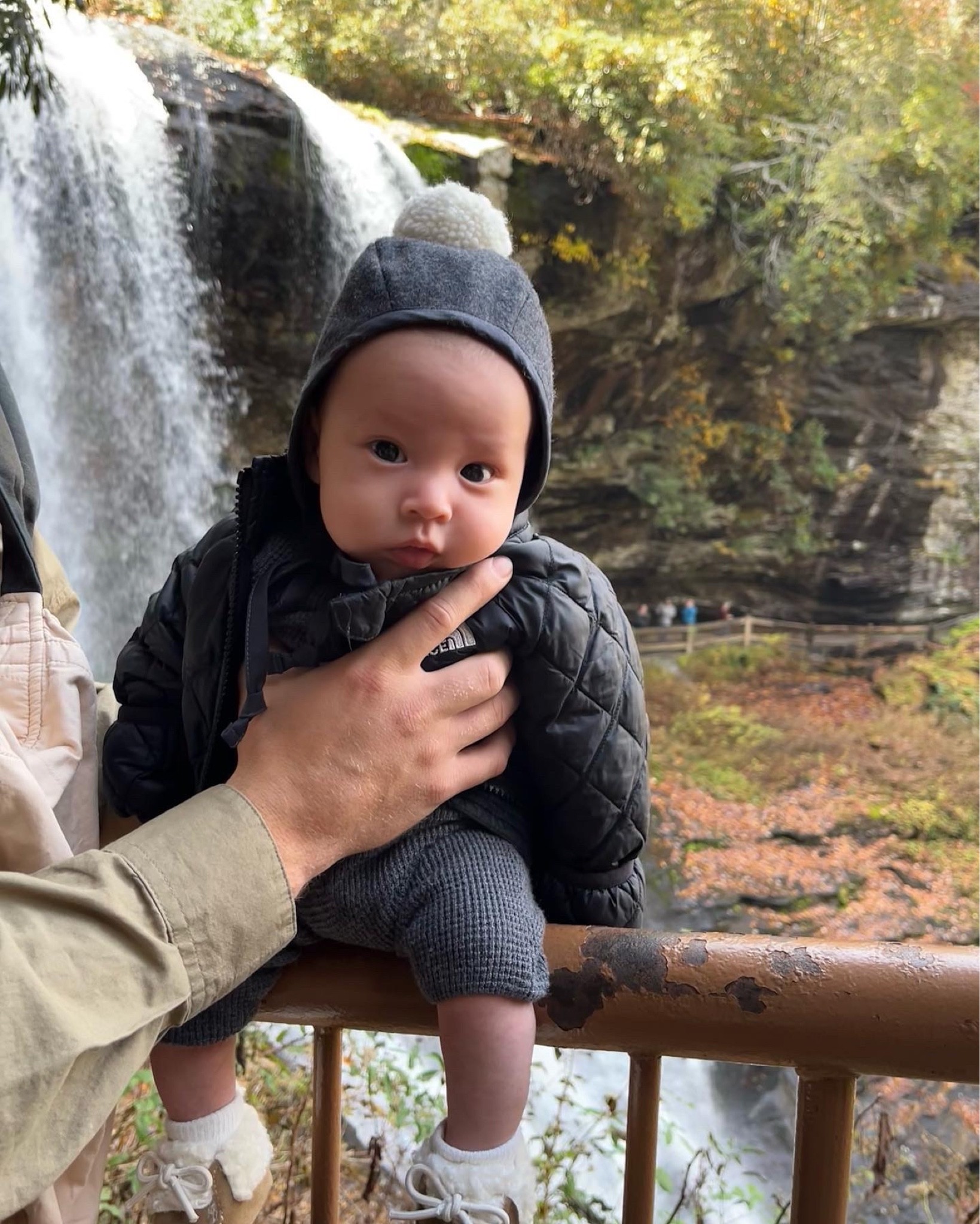 North face quilted jacket purchased on Poshmark 
Hat is briar baby also bought on Poshmark
Romper is Zara