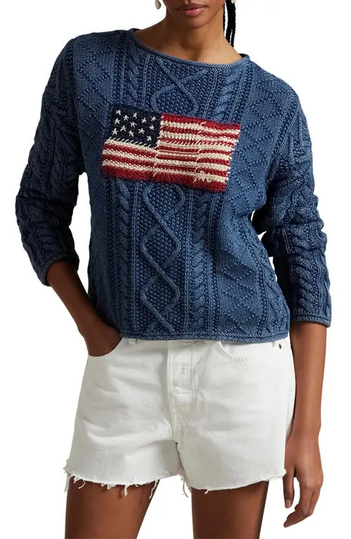 Polo Ralph Lauren Flag Cable Knit Cotton Aran Sweater in Indigo/Multi at Nordstrom, Size X-Large | Nordstrom