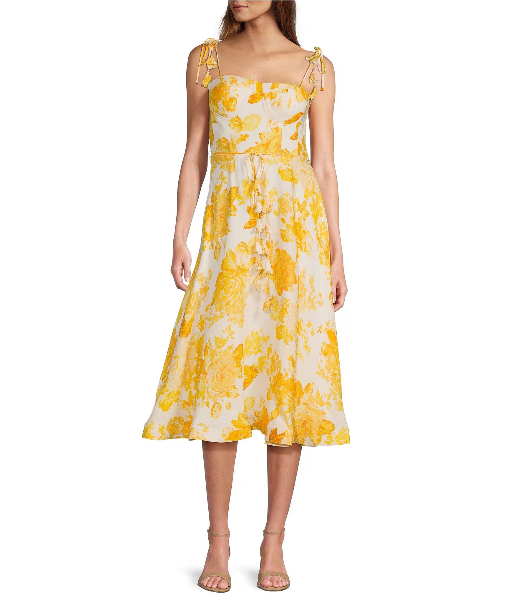 Solaia Floral Square Neck Tie Shoulder Midi Dress | Dillard's