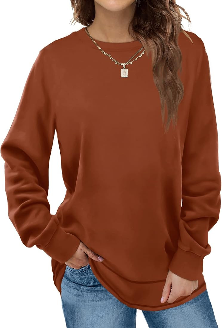 FAVALIVE Sweatshirt for Women Long Sleeve Shirts Crew Neck Fall Tunic Tops Curved Hem | Amazon (US)