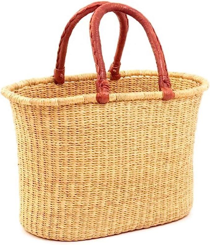 African Market Basket, Large Oval Woven Straw Basket with Handle Fair Trade Storage Organizer | Amazon (US)