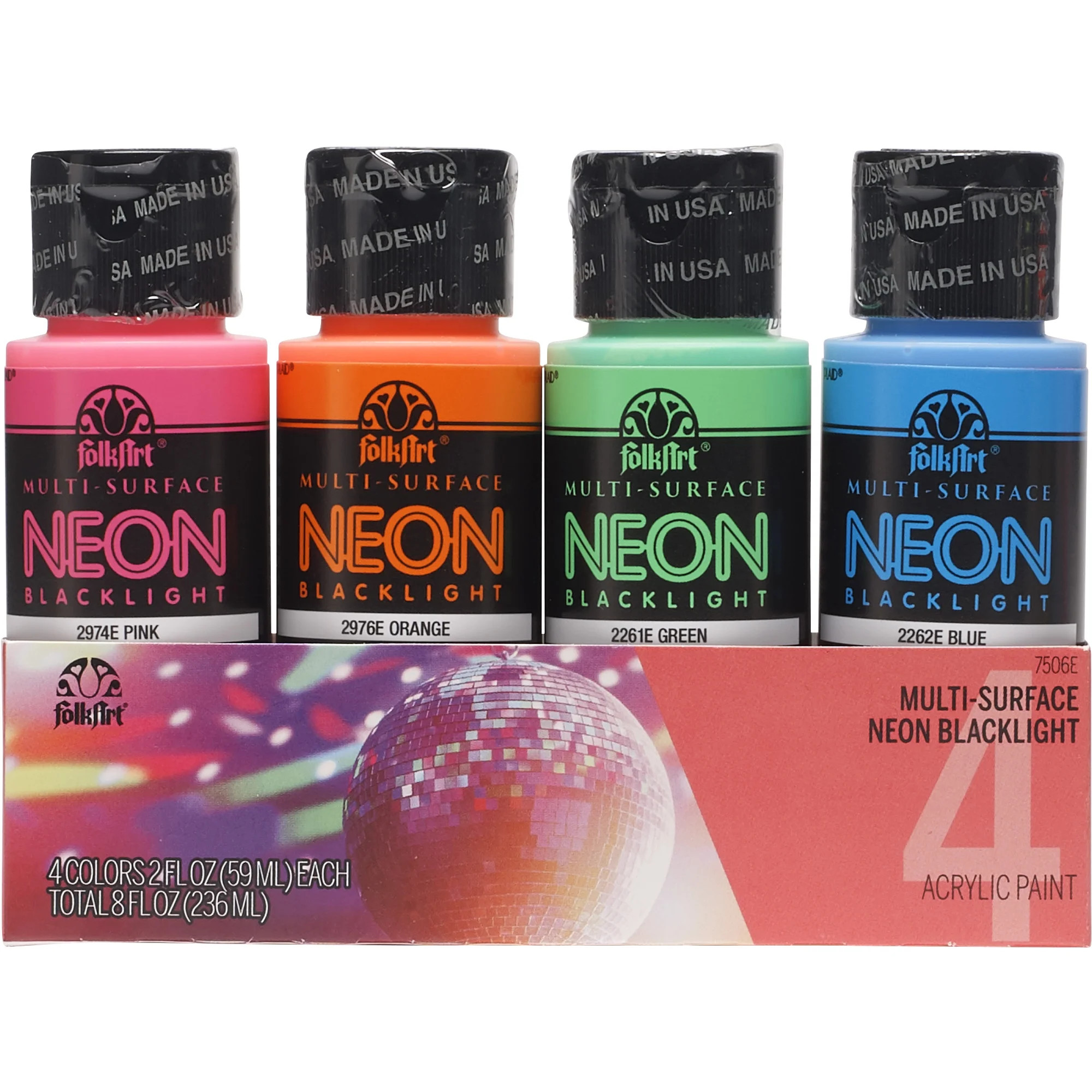 FolkArt Neon Blacklight Multi-Surface Acrylic Craft Paint Set, Satin Finish, 8 fl oz, 4 Pc | Walmart (US)