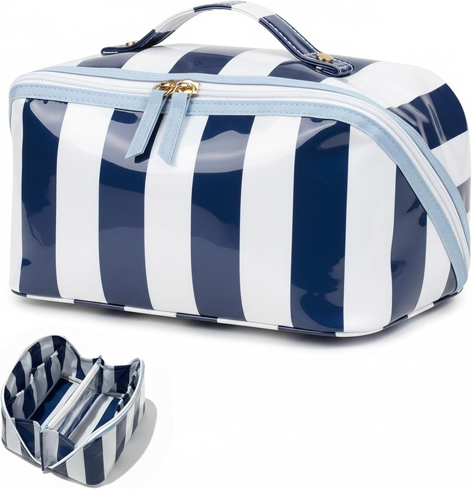 LETGO Preppy Stripe Clear Travel Makeup Bag,Waterproof Glossy PVC Cosmetic Organizer with Handle,... | Amazon (US)