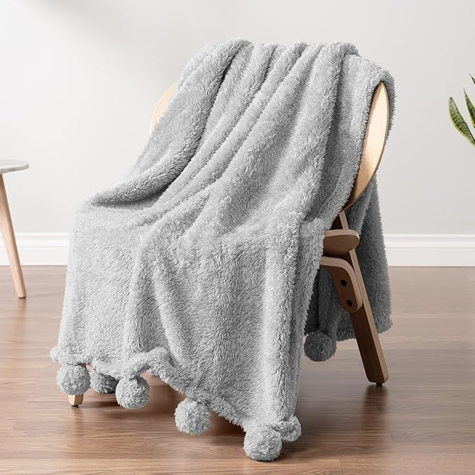 PAVILIA Light Grey Sherpa Throw Blanket for Couch, Warm Plush Pom Pom Blanket Throw, Gray Fuzzy S... | Amazon (US)