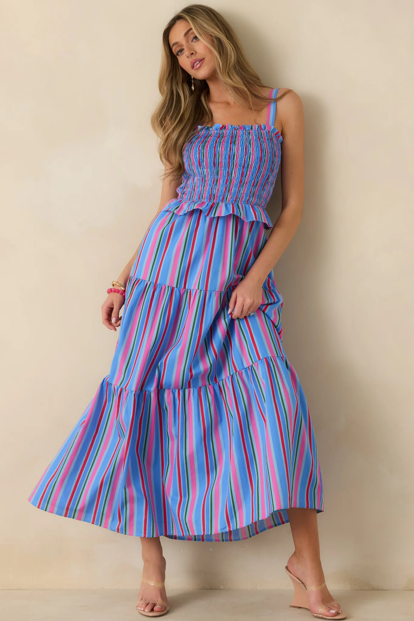 Sunny Side Up Blue Multi Stripe Cotton Smocked Tiered Maxi Dress | Red Dress